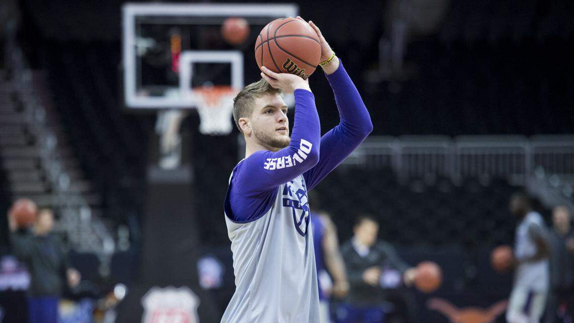 Kansas State Wildcats forward Dean Wade worked on his three-point shooting during Kansas State's practice at the Sprint Center on Wednesday, March 7, 2018, in Kansas City, Missouri, for their quarterfinal game against TCU on Thursday.