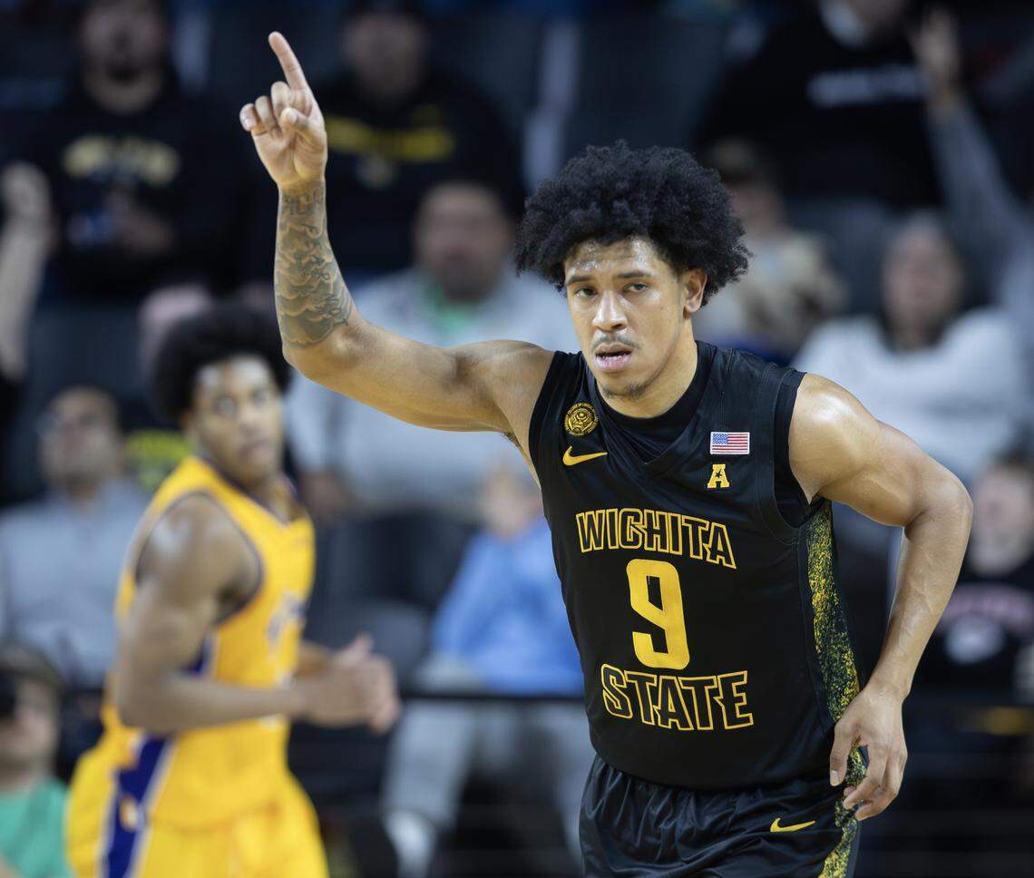 Wichita State’s Michael Gray Jrl., celebrates a three-pointer during the second half against East Carolina on Wednesday night at Koch Arena.
