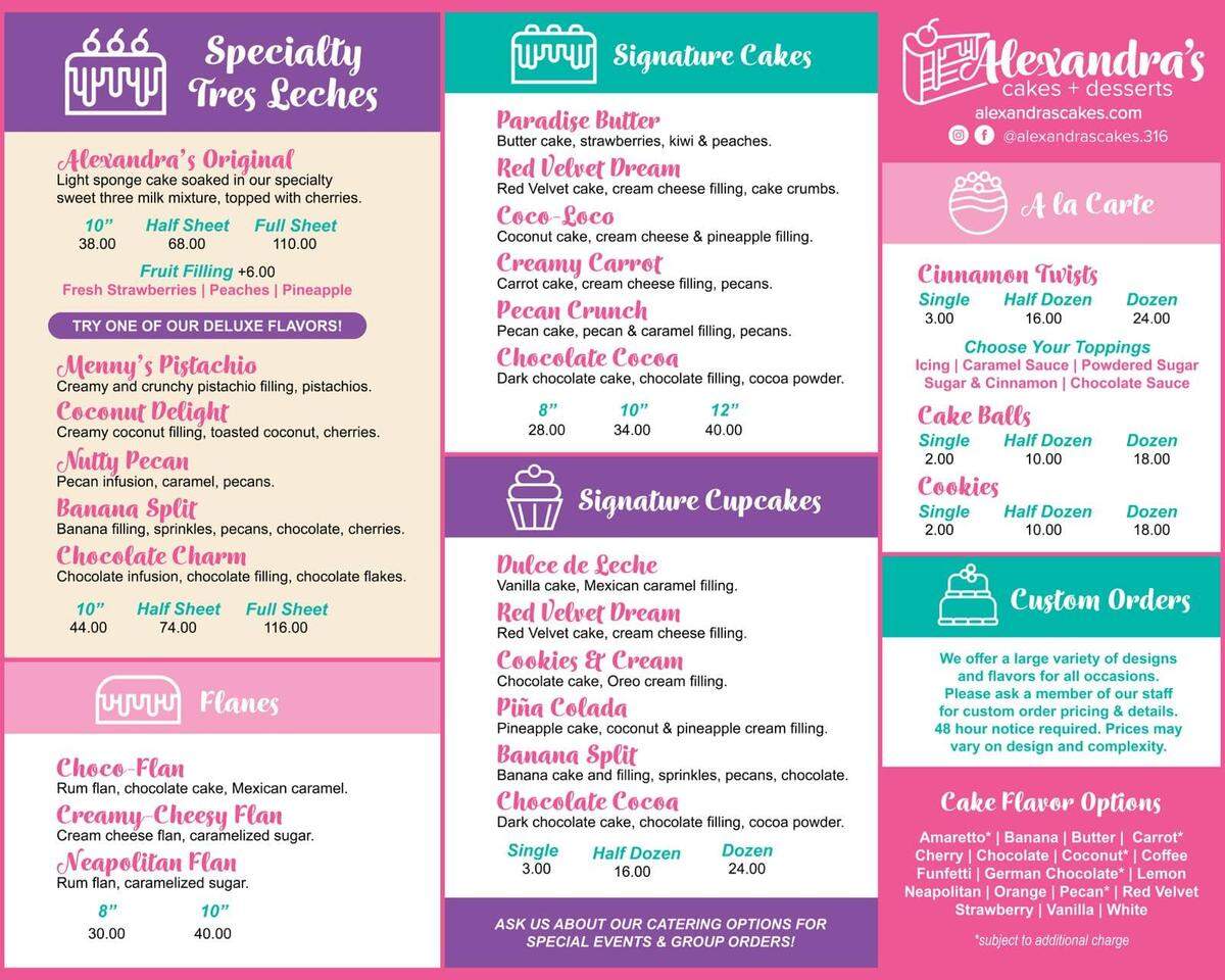 The menu for Alexandra’s Cakes