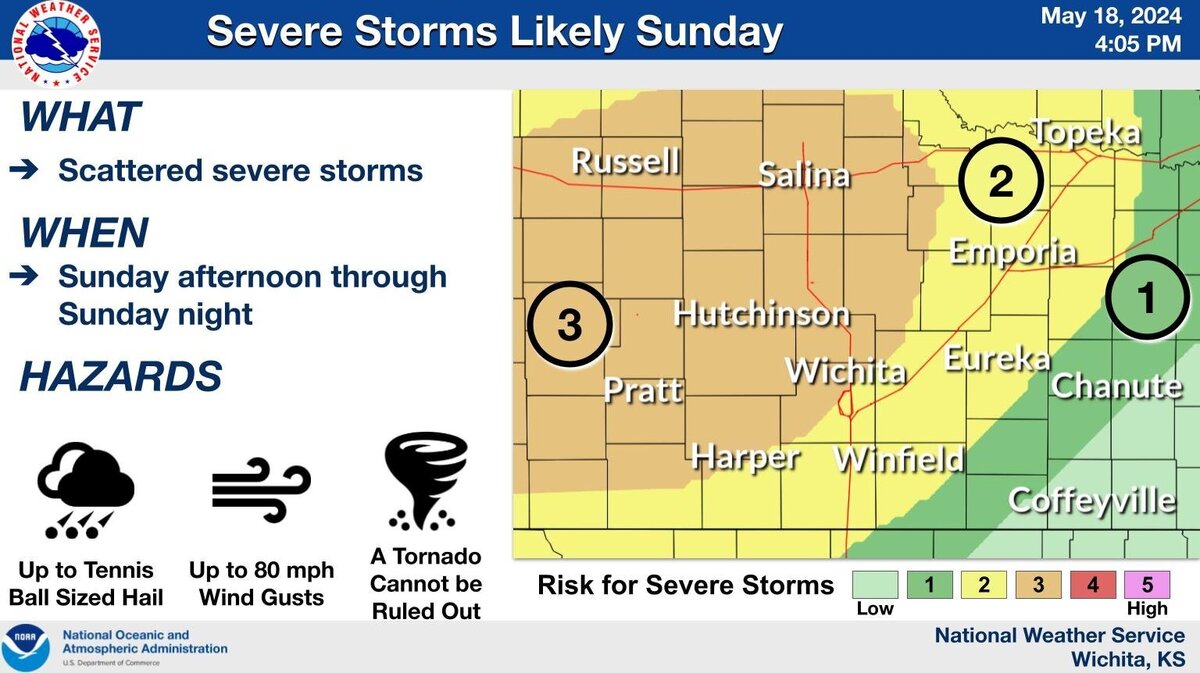 Severe weather is possible Sunday afternoon and into the night. The weather could include hail, strong winds and possibly tornadoes.