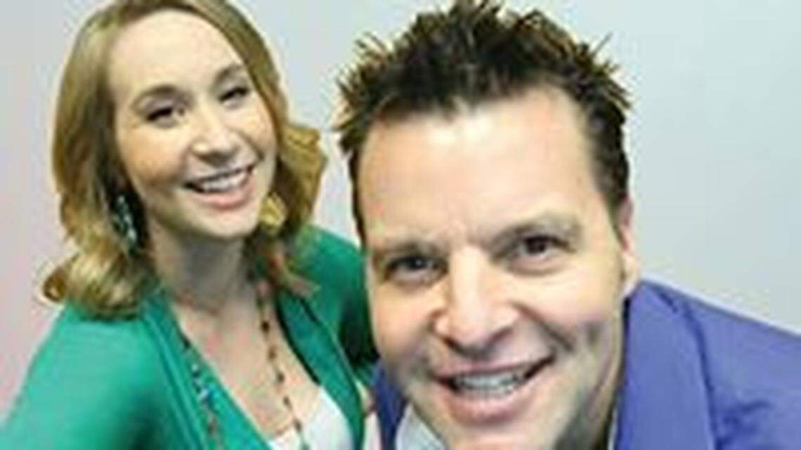 B98 morning talk show host Adam “Lukas” Cox, right, and co-host Careth Beard, left, were fired after their show ended at 10 a.m. Wednesday. Also let go was program director and afternoon disc jockey Dave Wilson.