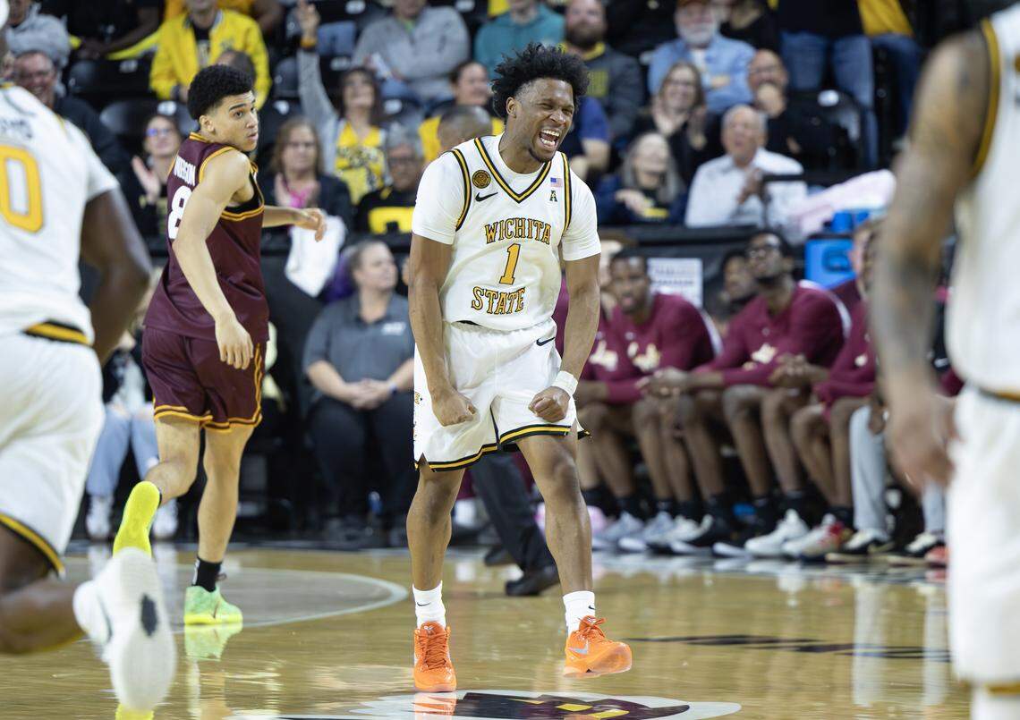 Wichita State’s Kenyon Giles celebrates his seventh three pointer during the second half of their game against Loyola at Koch Arena on Thursday.