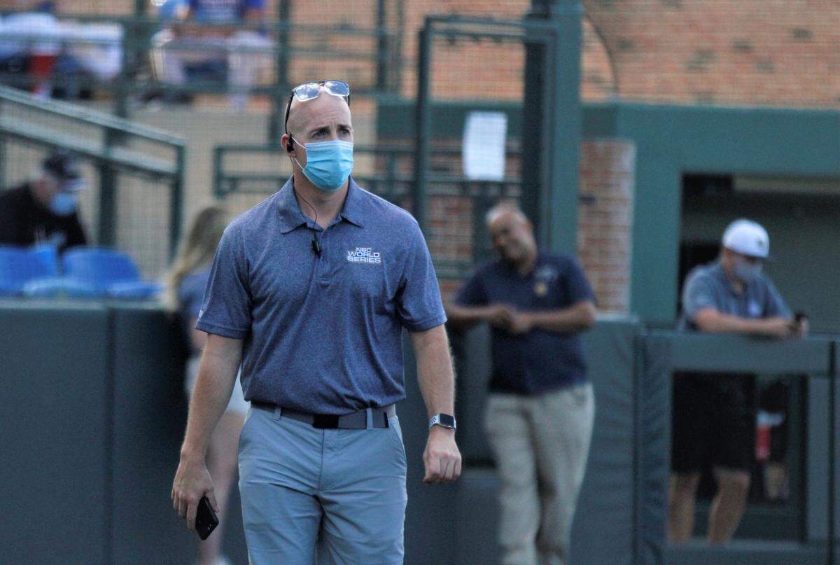 NBC World Series Director Kevin Jenks walks the field at Eck Stadium before the 2020 tournament.
