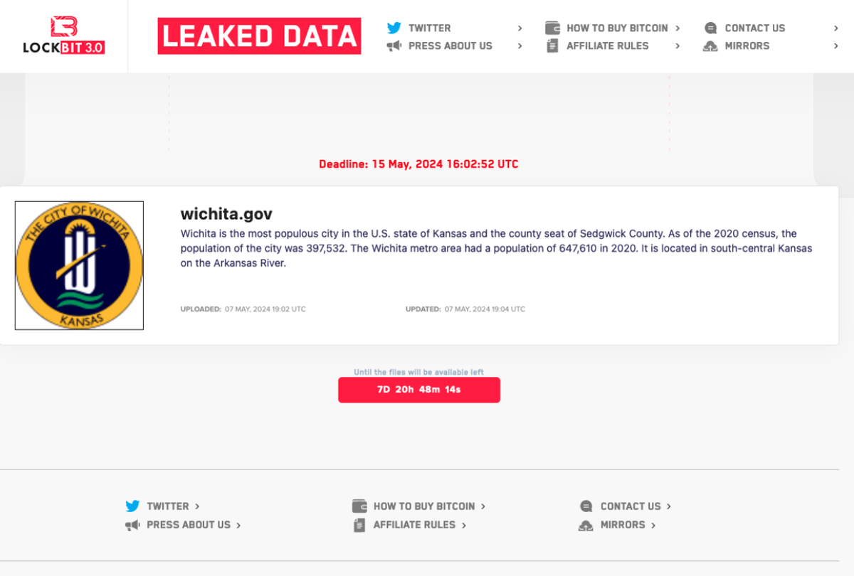 Screenshot of a LockBit darkweb post that appears to take credit for the ransomware attack on Wichita city government. The screenshot was posted to X by cyber security threat analyst Brett Callow.