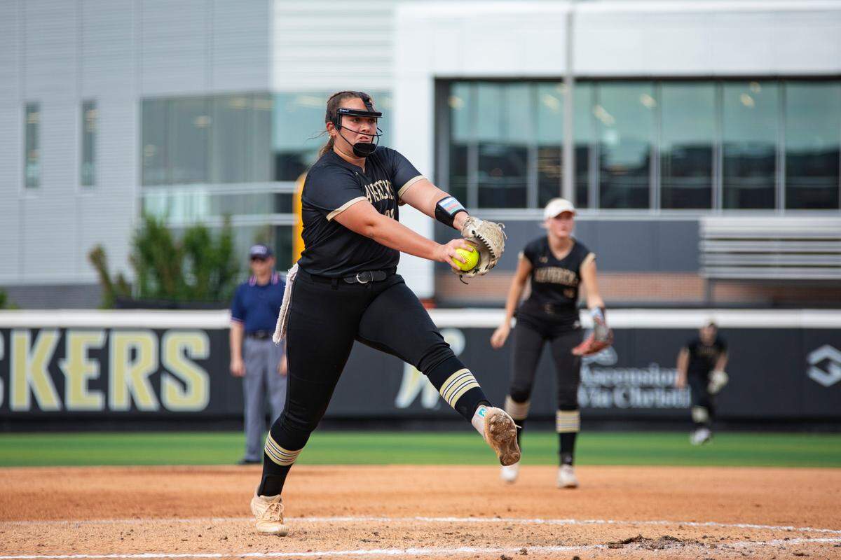 Maize South senior pitcher Sophie Stockam throws a pitch during the Class 5A state tournament at Wichita State’s Wilkins Stadium.