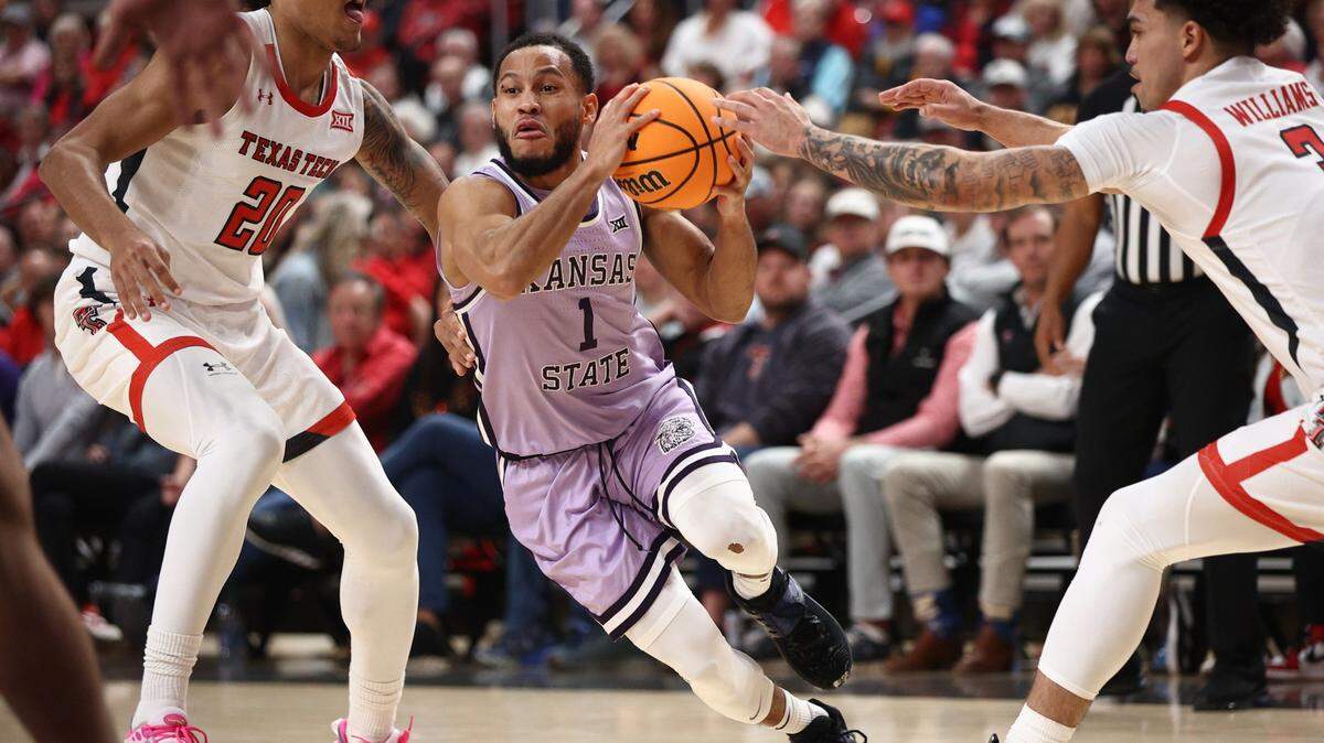 Kansas State guard Markquis Nowell had seven turnovers against Texas Tech in Lubbock, Texas, on Saturday Feb. 11, 2023.
