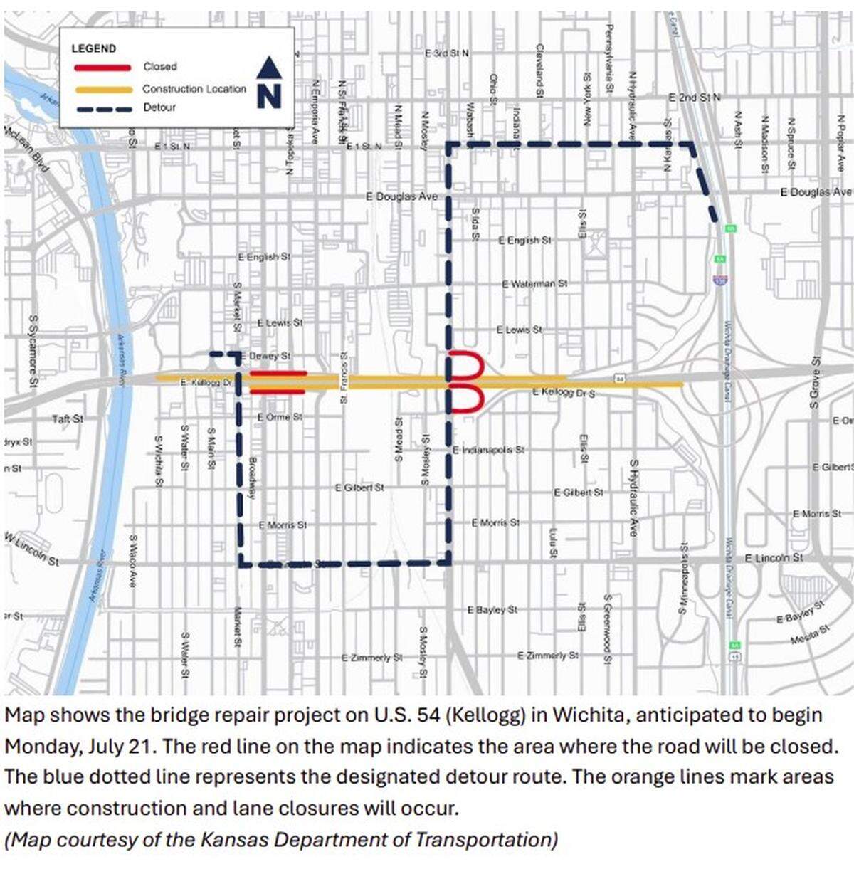 KDOT provided this map to show where the closures and detours will be.