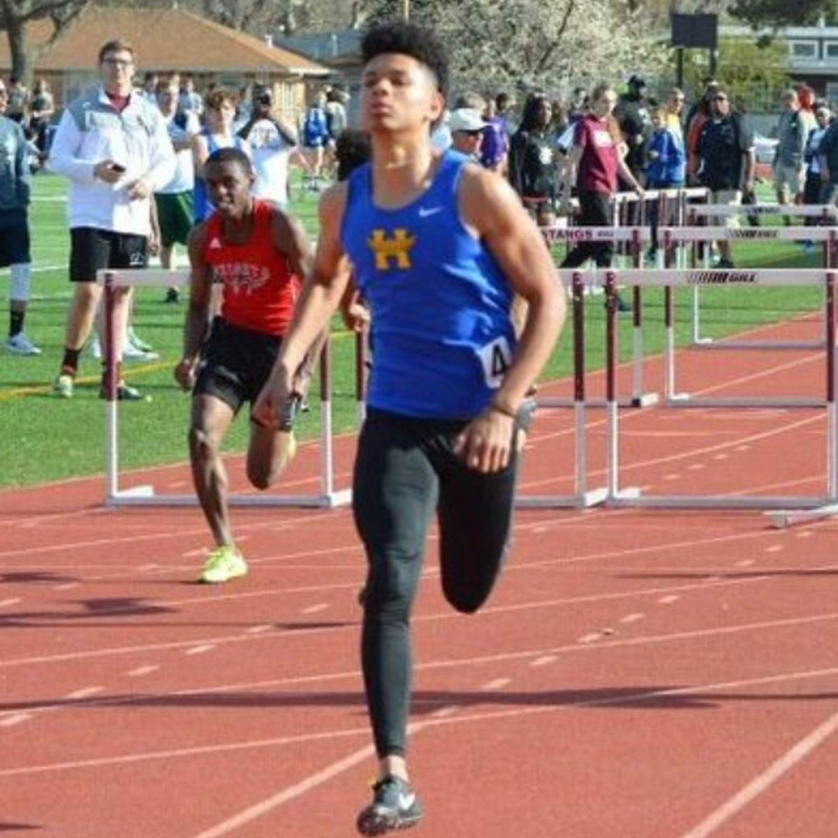 Hutchinson sophomore Tayezhan Crough won the 100- and 300-meter hurdles at the 2018 Kansas high school track and field state championships.