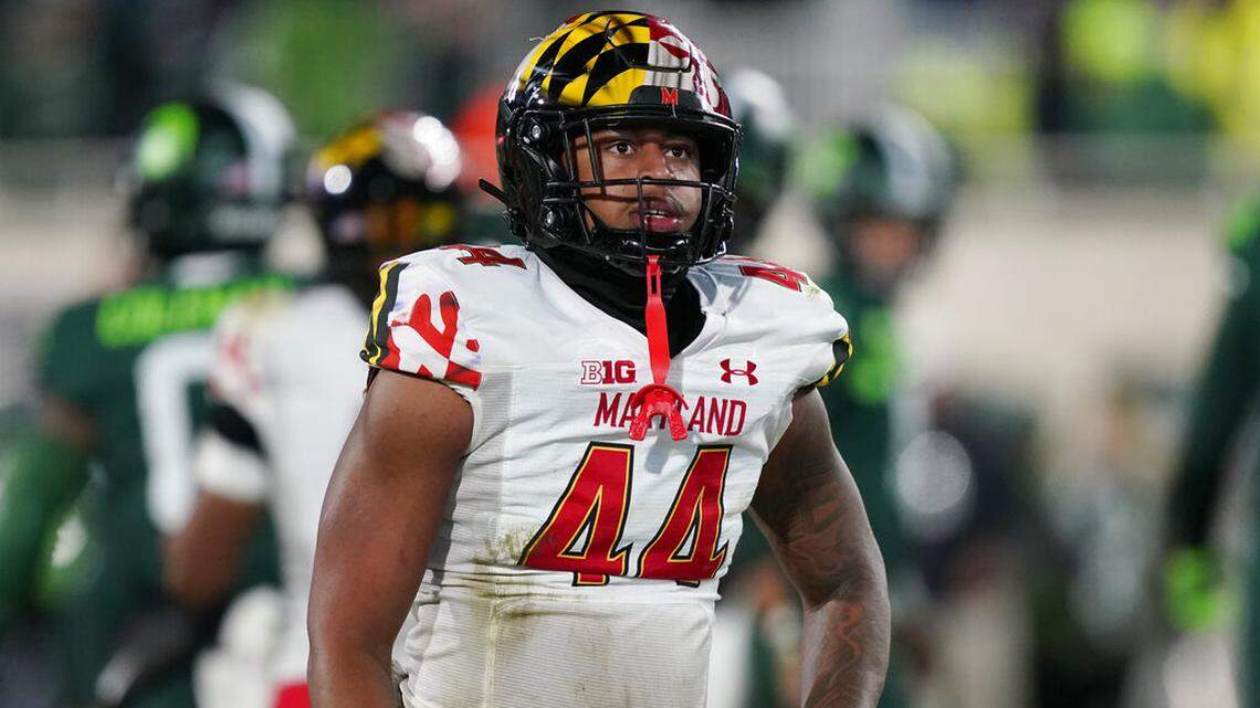 Maryland linebacker Branden Jennings walks off the field after an NCAA college football game against Michigan State, Saturday, Nov. 13, 2021, in East Lansing, Mich. (AP Photo/Carlos Osorio)