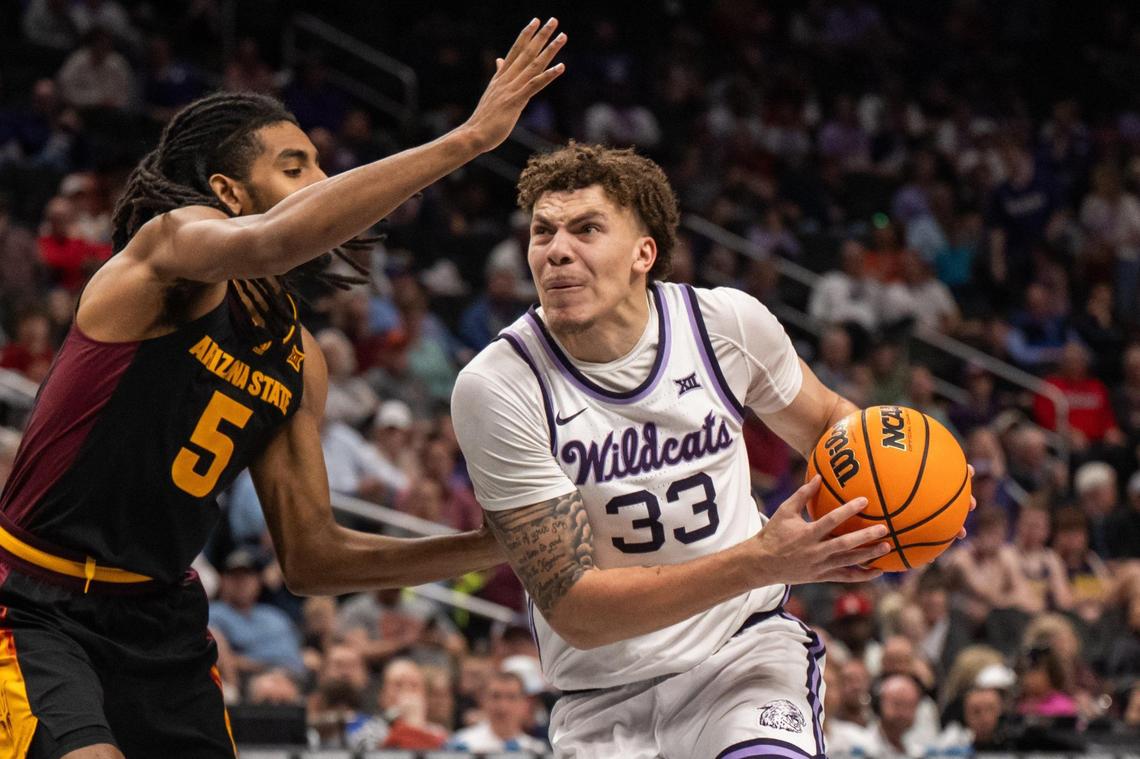 Kansas State Wildcats forward Coleman Hawkins drives the ball into the lane in the second half of the Big 12 Championship First Round game vs. the Arizona State Sun Devils on Tuesday, Mar. 11, 2025 at T-Mobile Center. Coleman led all scorers with 26 points.