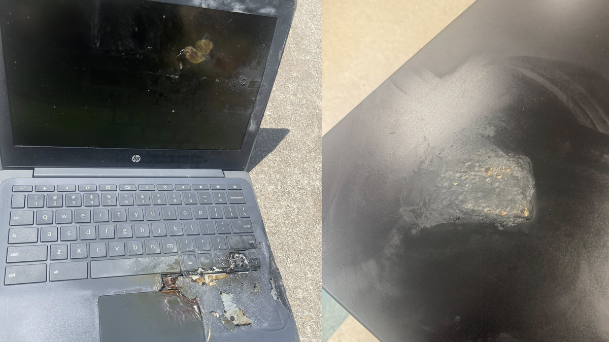 A school-issued laptop and a school table were damaged when a Derby High School student followed a TikTok trend that caused the computer to catch fire.