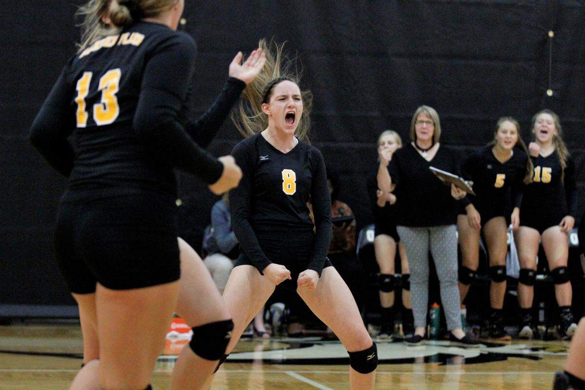 Garden Plain junior Claire Clark is fired up after the Owls score a point against last year’s 3A state runner-up, Cheney. (Sept. 13, 2018)