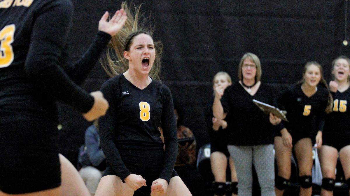 Garden Plain junior Claire Clark is fired up after the Owls score a point against last year’s 3A state runner-up, Cheney. (Sept. 13, 2018)