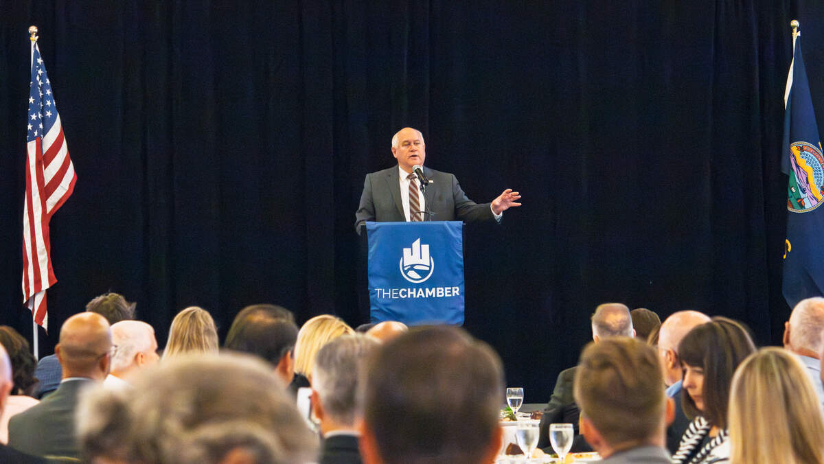 Rep. Ron Estes addresses attendees of the Wichita Regional Chamber of Commerce's Federal Issue Forum on Aug. 28. Estes, along with Sen. Roger Marshall, both spoke during federal issue forums held in Wichita this week.