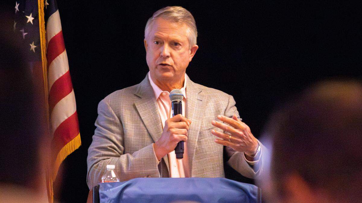 Kansas Sen. Roger Marshall speaks to business leaders in Wichita at a Chamber of Commerce event in August.