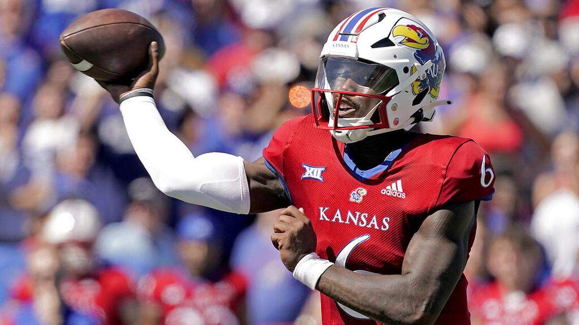 Kansas quarterback Jalon Daniels throws during the second half of an NCAA college football game against Duke Saturday, Sept. 24, 2022, in Lawrence, Kan. Daniels has emerged as an unlikely Heisman candidate. Can TCU end his campaign? (AP Photo/Charlie Riedel)