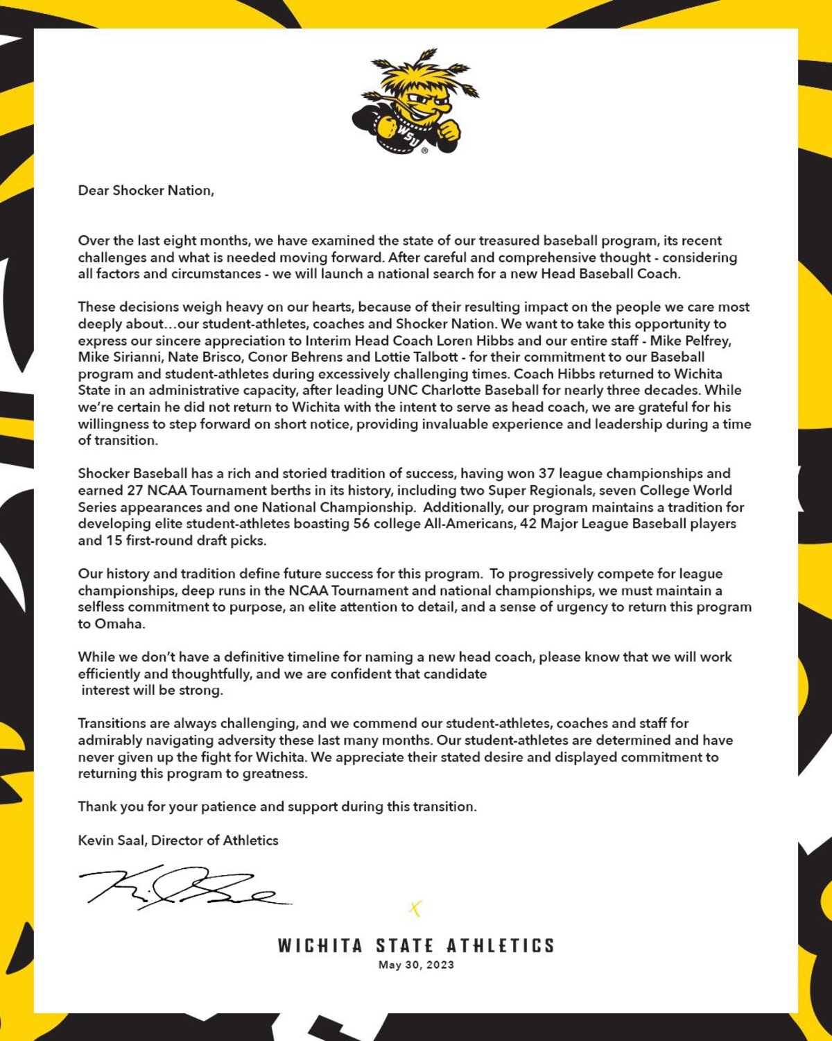 Statement from WSU athletic director Kevin Saal.