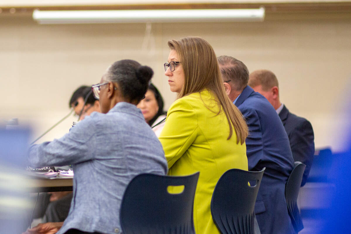 Diane Albert, vice president of the Wichita school board, listens to other board members ask questions at the Board of Education meeting on Monday, June 10. The board discussed various items, such as pausing the sale of Park Elementary and a facilities master plan for Wichita Public Schools.