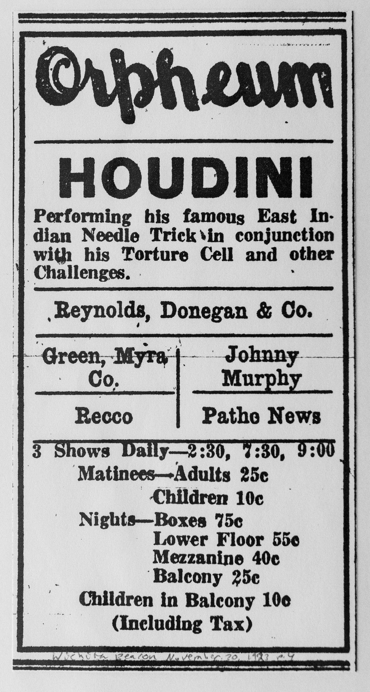 An ad in the Wichita Beacon from 1923 when illusionist Harry Houdini performed at the Orpheum.