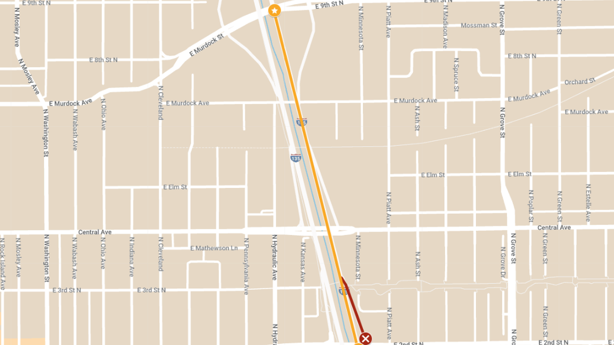 The Kansas Department of Transportation provided this map to illustrate the lane closures happening this weekend along northbound I-135 in Wichita.