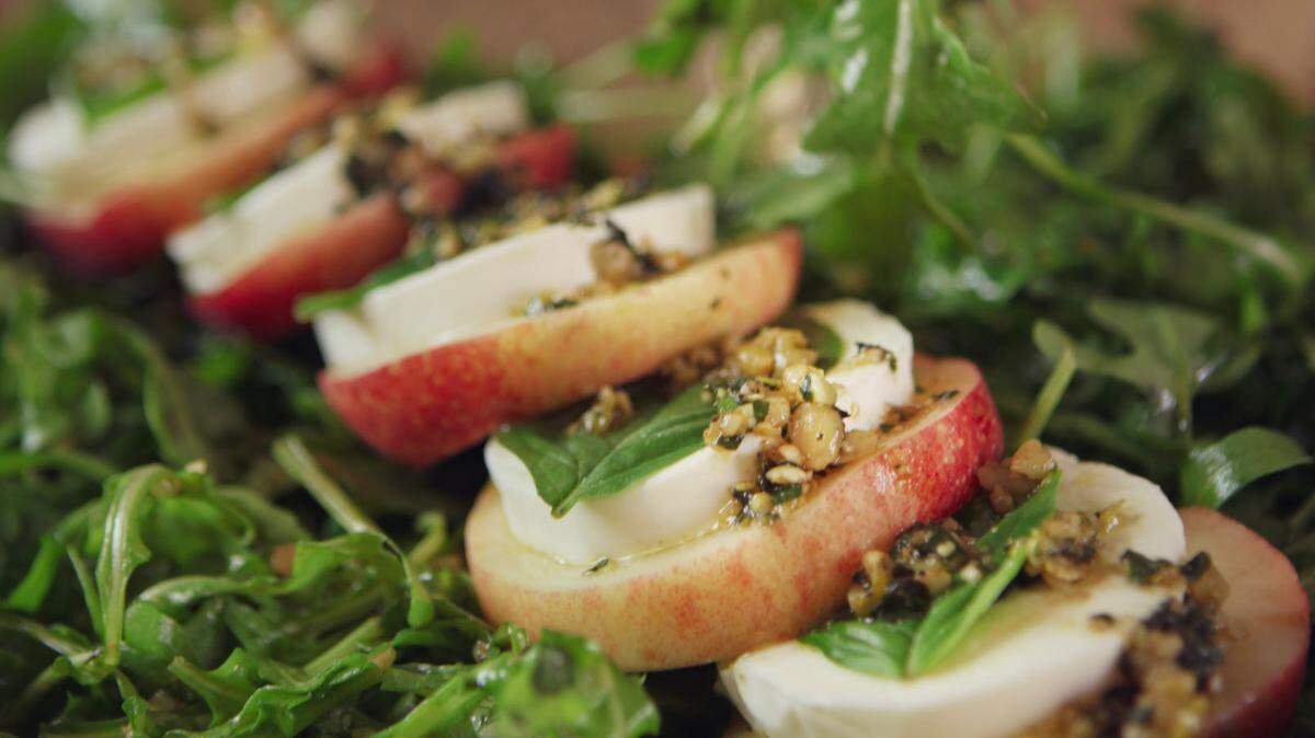 Arugula Salad with White Peach Caprese showcases the pick of the season.