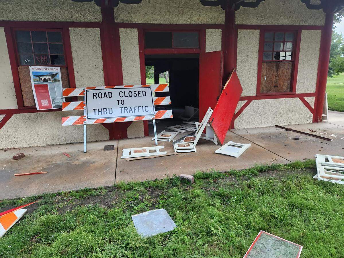This photo shows some of the damage to the 1911 Riverside Park pagoda that was vandalized Monday evening.