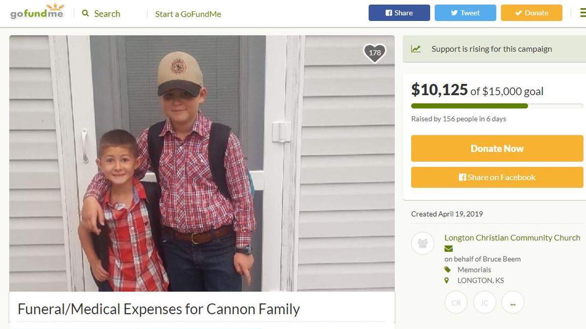 Longton Chirstian Community Church is raising money for the family of Elliott and Owen Cannon, who were injured in a crash. Owen, the younger of the two brothers, died of his injuries, the Kansas Highway Patrol said.