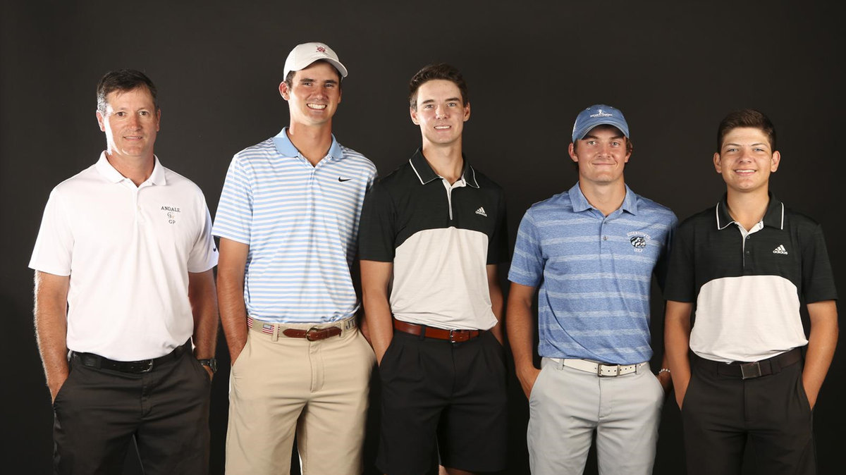 The Wichita Eagle and Varsity Kansas 2018 All-Metro Boys Golf Team (left to right: Andale coach Irv Schueller, Kapaun’s Jack Baker, Andover Central’s Peyton Wilson, Eisenhower’s Tyler Trudo and Andover Central’s Cooper Schultz - not pictured: Rose Hill’s Peyton Austin, Hesston’s Brant Brenneman)