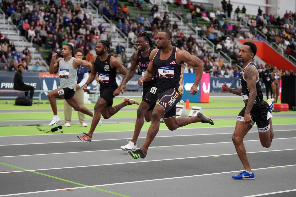Wichita native Deron Dudley (far left) competed against some of the world’s best sprinters in the 60-meter dash at the USATF Indoor Championships on Feb. 23.
