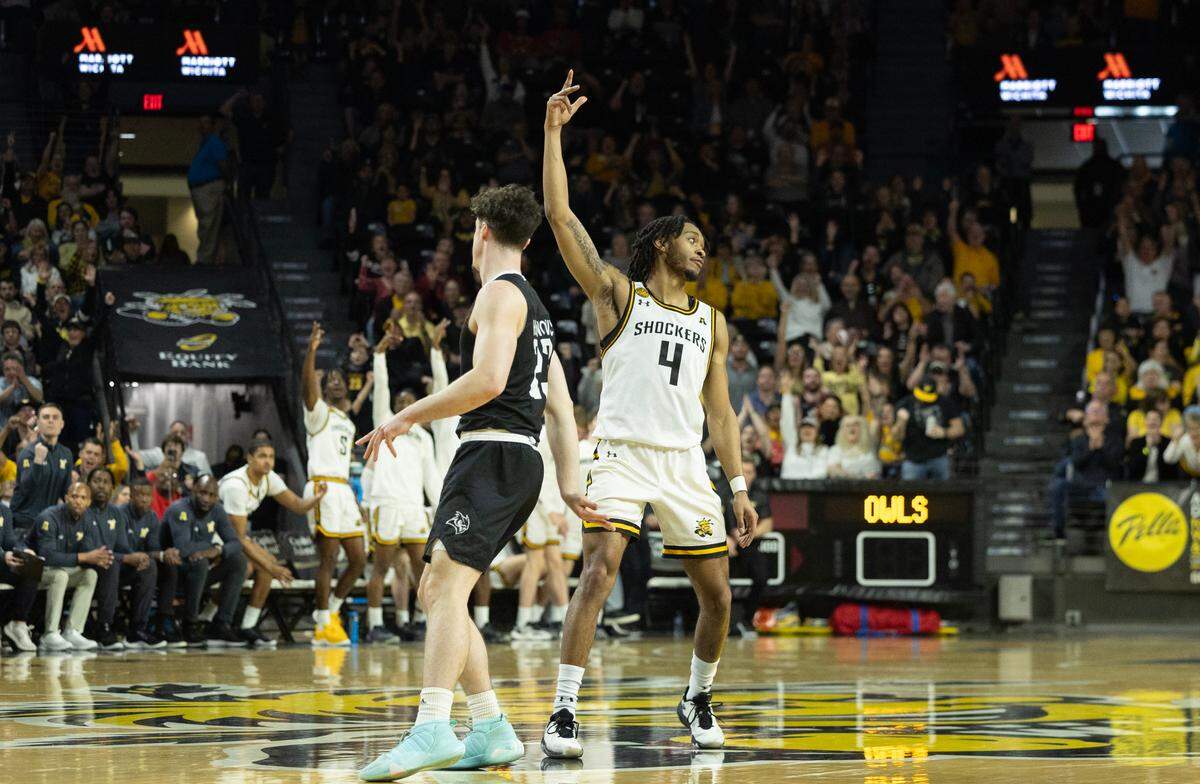 Wichita State’s Colby Rogers hit a 3-pointer just before halftime, part of a  17-point outburst in the first half against Rice on Saturday at Koch Arena. 