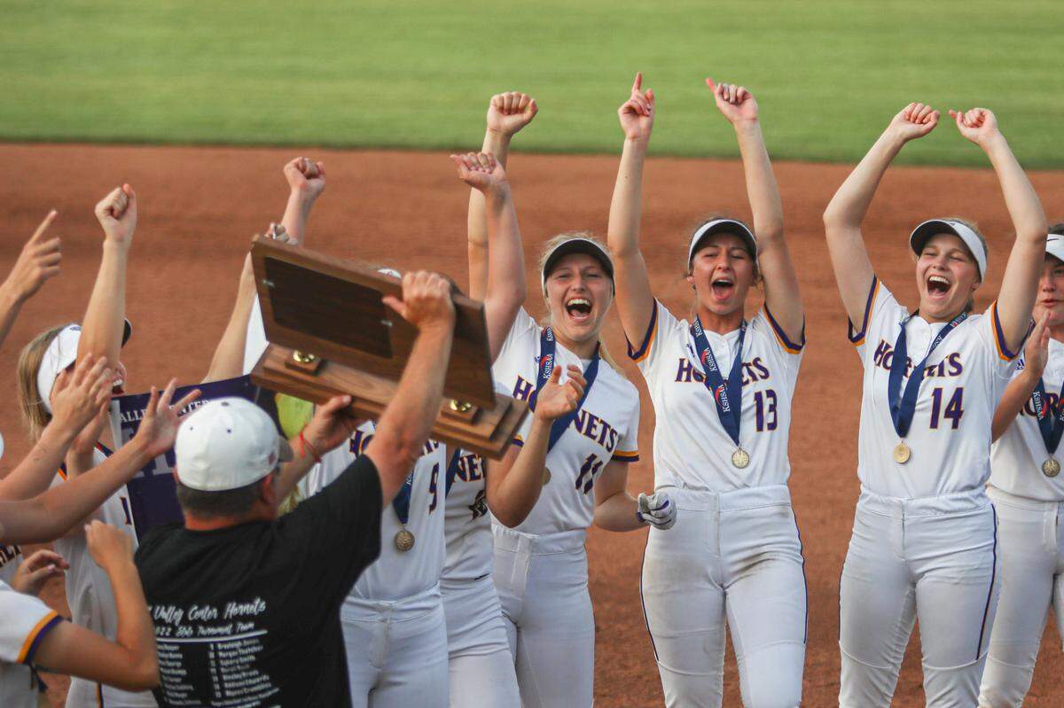 Valley Center celebrates their win over Basehor-Linwood for the 5A state championship at Wilkins Stadium on Saturday, May 28, 2022.