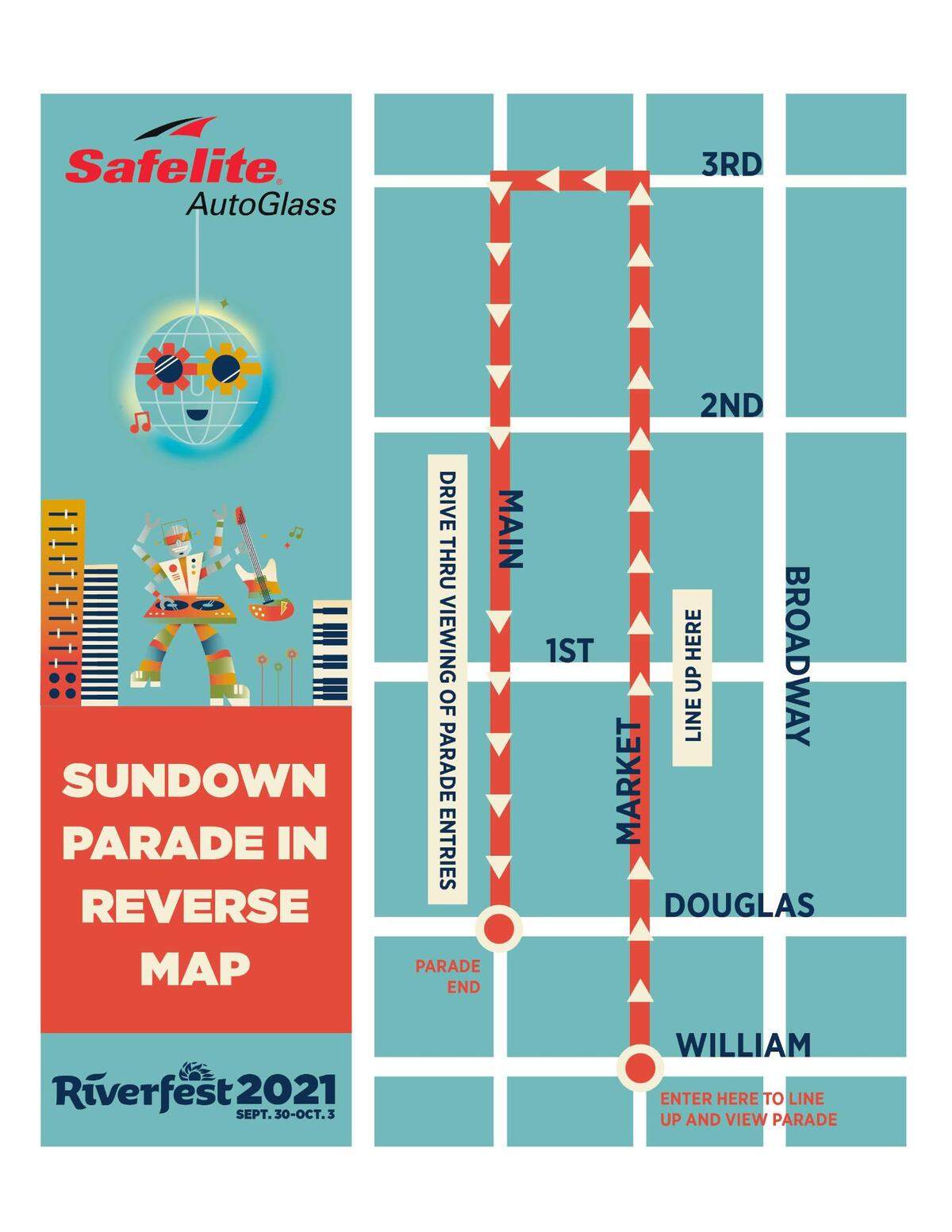 This map explains the setup of this year’s “reverse” Sundown parade.