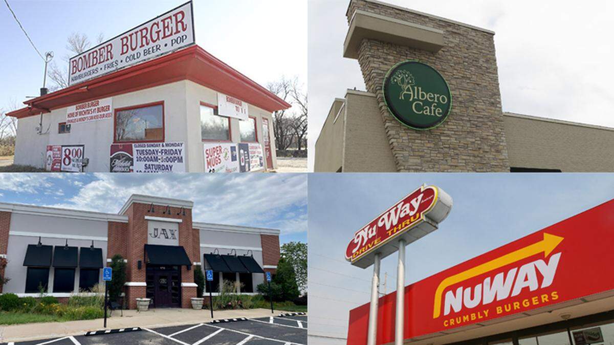 It’s so hard to say goodbye: Lots of Wichita restaurants closed in 2023, including clockwise from top left: Bomber Burger; Albero Cafe at Central and Oliver; the NuWay Cafes on East Harry and East Central; and Jax Restaurant and Bar.
