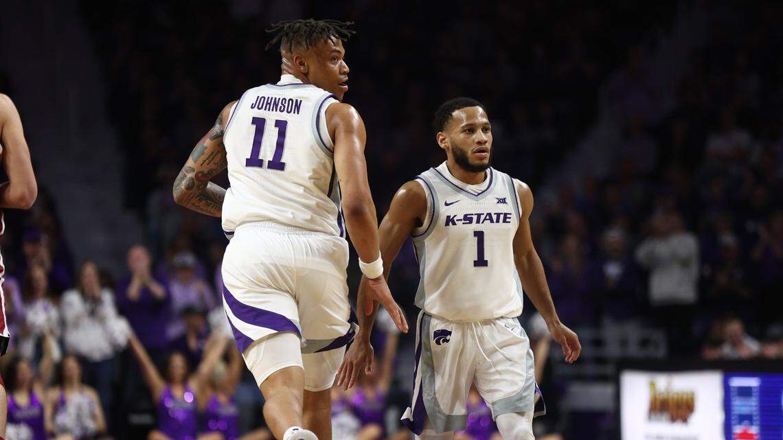 Kansas State basketball players Keyontae Johnson and Markquis Nowell share the court at Bramlage Coliseum. (Photo: Lathe Cobb/K-State Sports)
