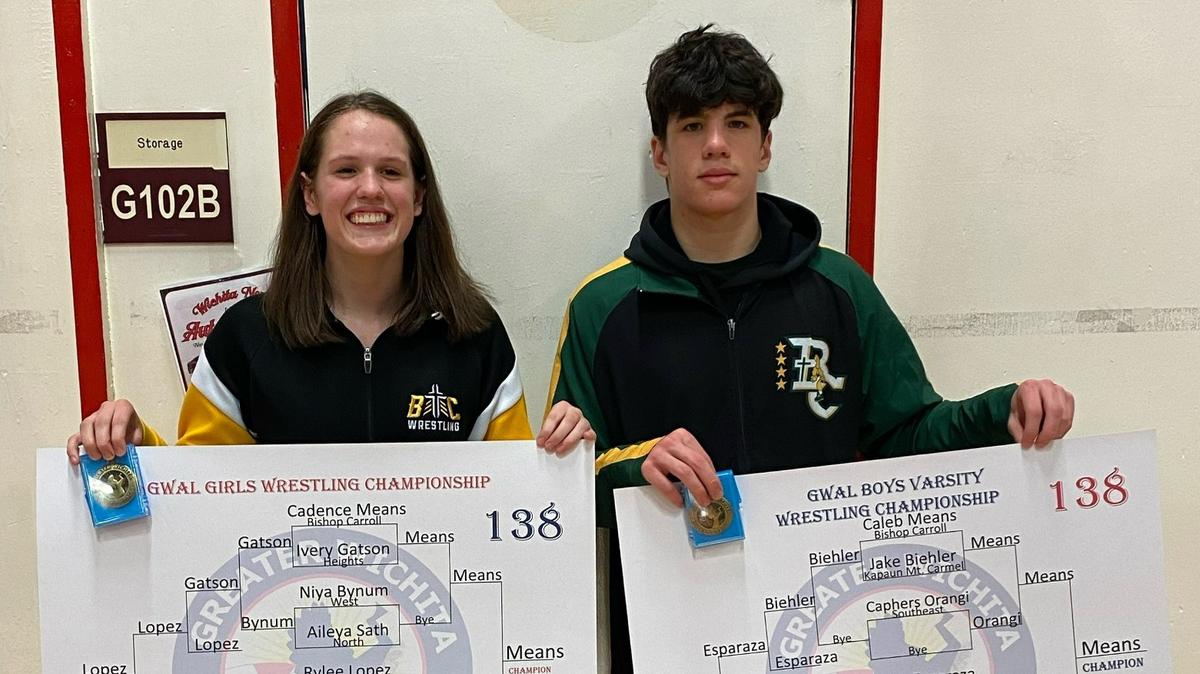 Cadence Means, left, and Caleb Means, right, are a pair of senior twins on the Bishop Carroll wrestling teams who both won City League championships on Saturday.