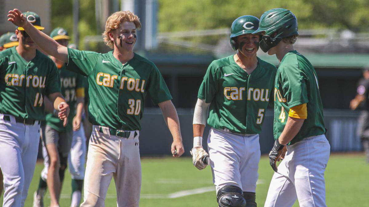 Bishop Carroll celebrates their win against Valley Center in the 5A quarterfinals held at Eck Stadium on Friday, May 27, 2022.