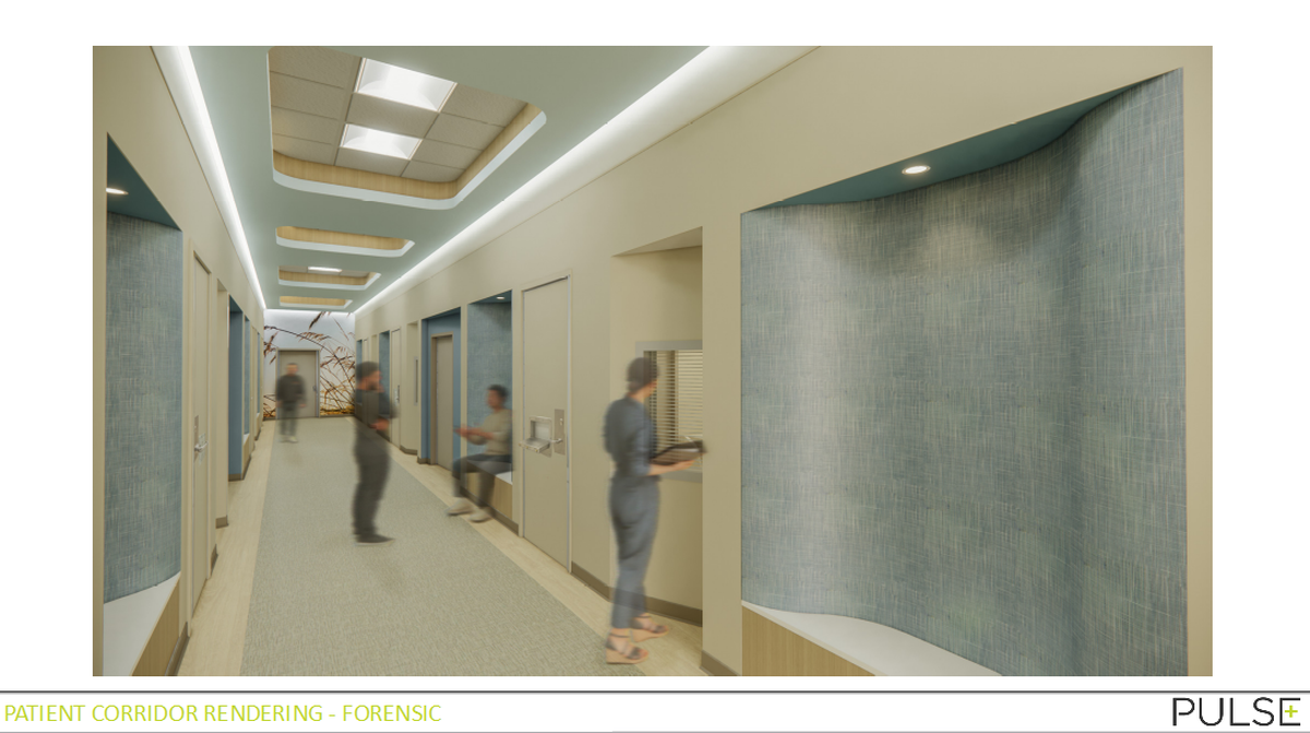This rendering of Sedgwick County’s psychiatric hospital shows what patient corridors could look like for people charged with crimes who need to be evaluated for fitness to stand trial. Facilities provided for acute patients would look similar.