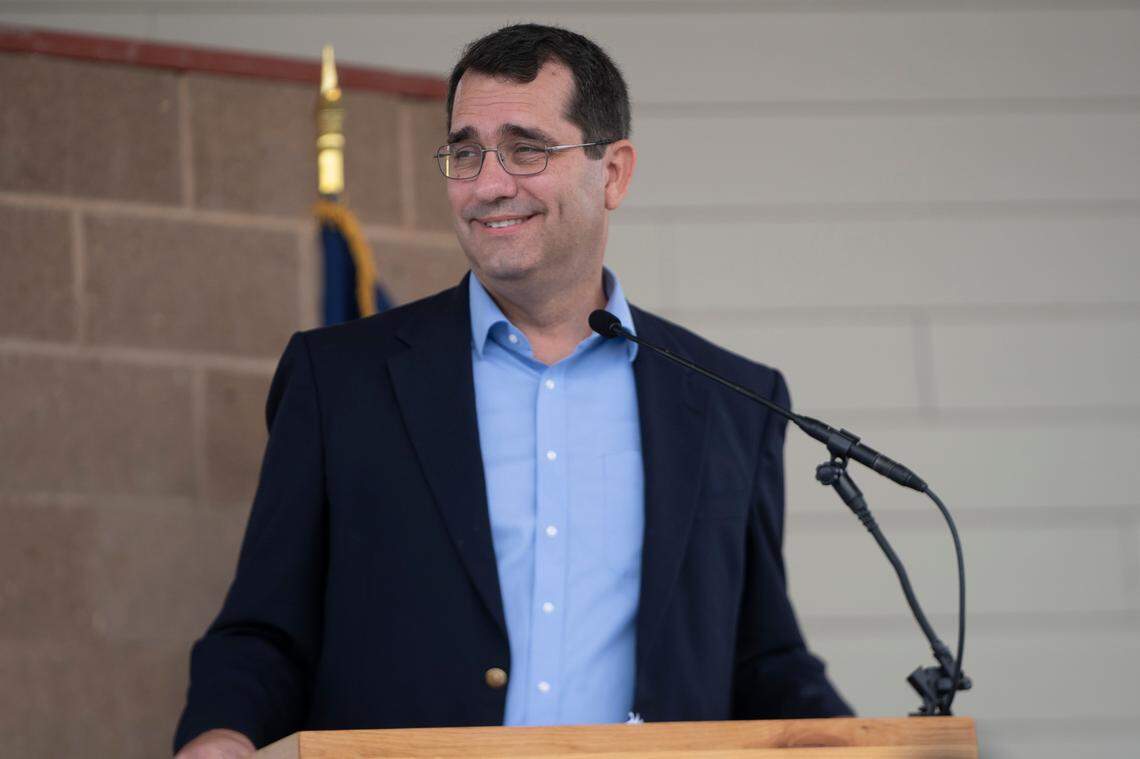 Kansas Attorney General Derek Schmidt is announced at the start of the debate with Kansas Governor Laura Kelly at the Kansas State Fair in Hutchinson on Sept. 10, 2022.
