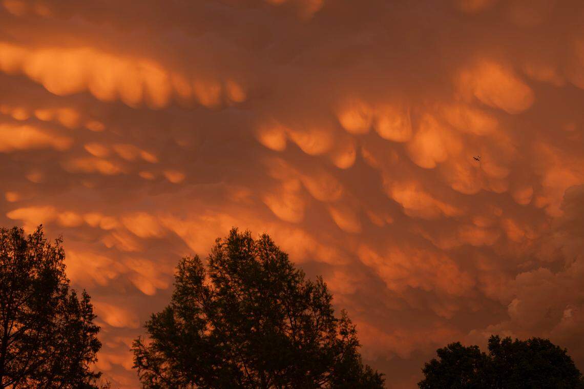 Mammatus clouds, which are formed in tall thunderstorms, seen from west Wichita on Tuesday evening.