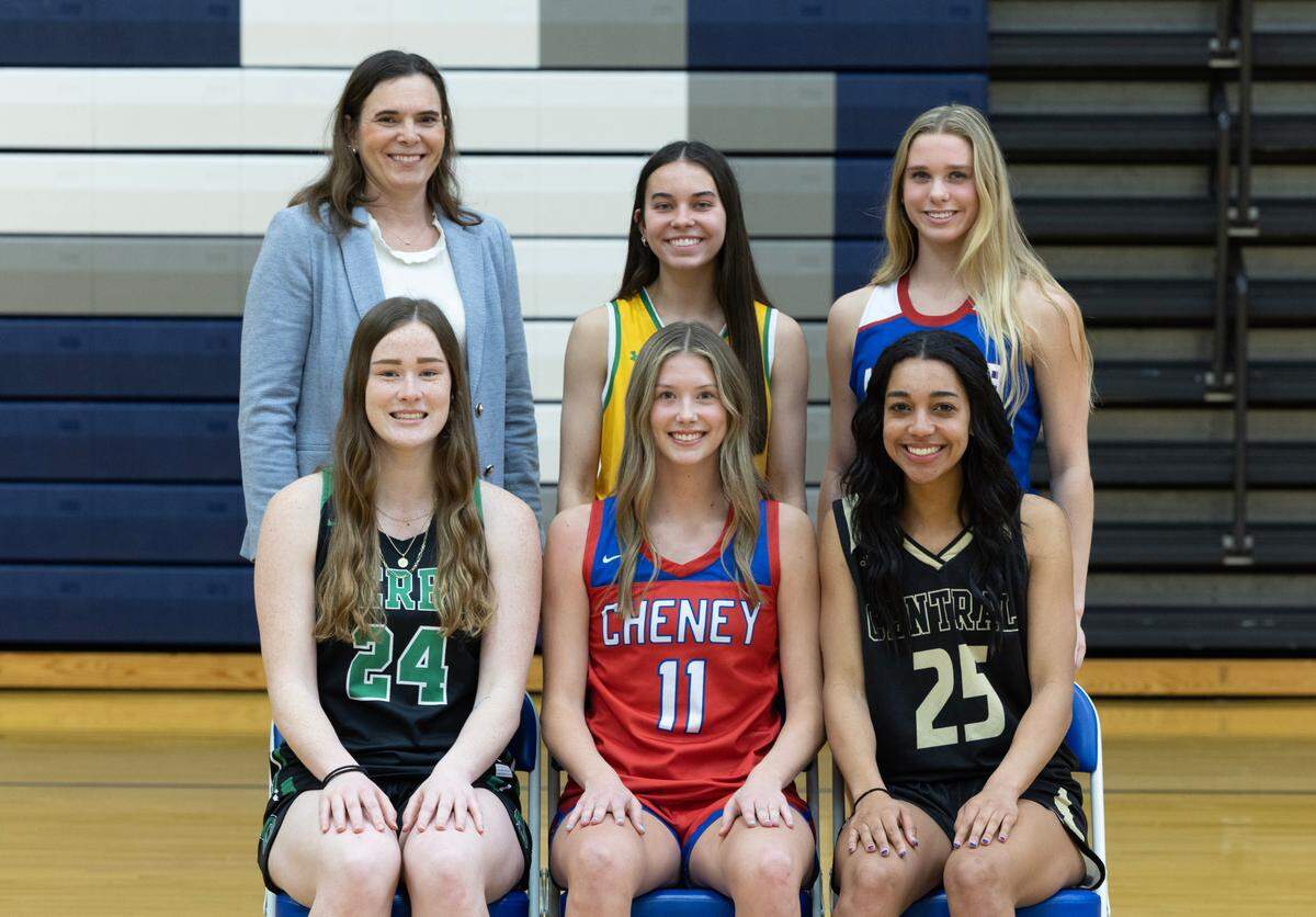 The 2023 All-Metro girls basketball team: (from top left to right) Berean coach Kristin Wiebe, Carroll’s Landon Forbes, Andover’s Brooke Walker; (from bottom left to right) Derby’s Addy Brown, Cheney’s Campbell Hague, Andover Central’s Maddi Amekporfor. Not pictured: Maize South’s Avery Lowe.