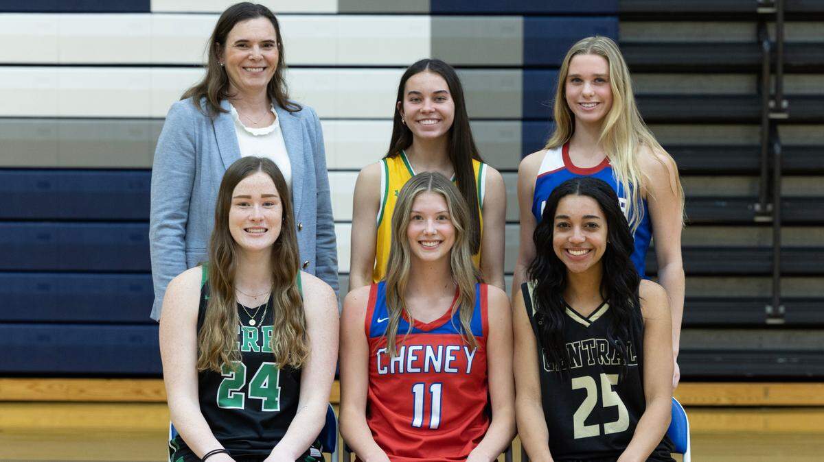 The 2023 All-Metro girls basketball team: (from top left to right) Berean coach Kristin Wiebe, Carroll’s Landon Forbes, Andover’s Brooke Walker; (from bottom left to right) Derby’s Addy Brown, Cheney’s Campbell Hague, Andover Central’s Maddi Amekporfor. Not pictured: Maize South’s Avery Lowe.