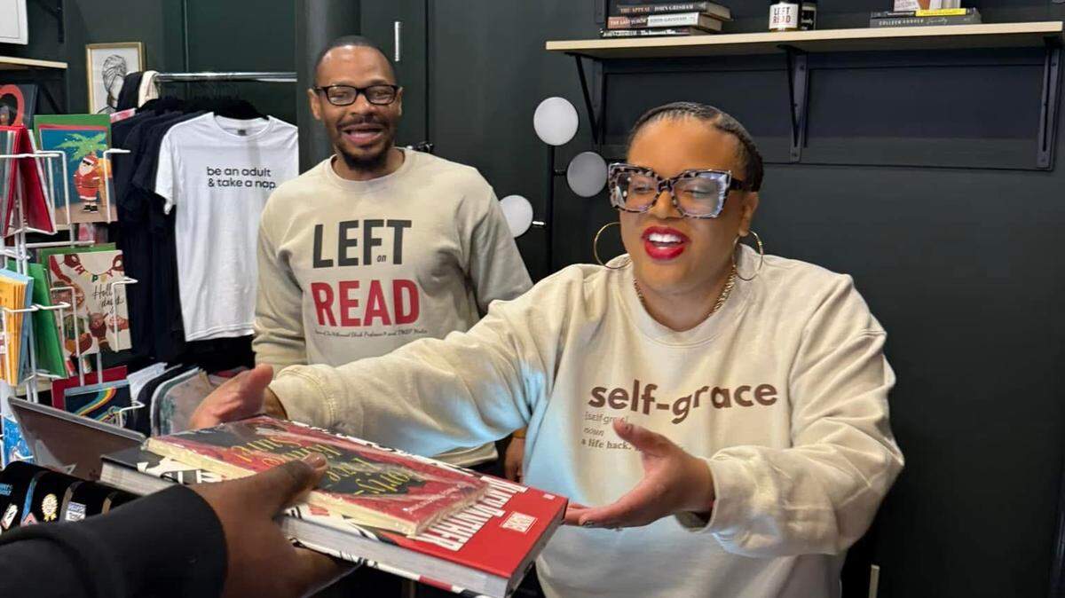 Latasha Eley Kelly prepared to ring up book purchases recently at her new store, Left on Read, as her husband, Corinthian Kelly, looked on. The business is downtown at the Renfro on East Douglas.
