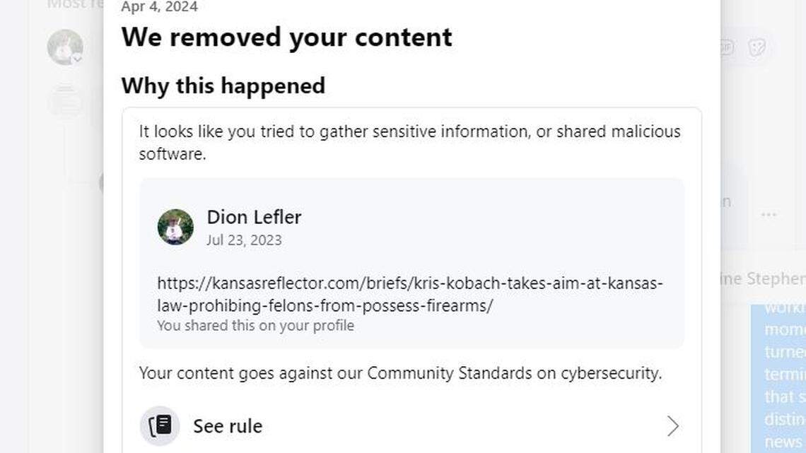 This is the message that I, and thousands of other Kansans, got from Facebook Thursday morning when the company deplatformed The Kansas Reflector, one of the state’s most reliable news sources.