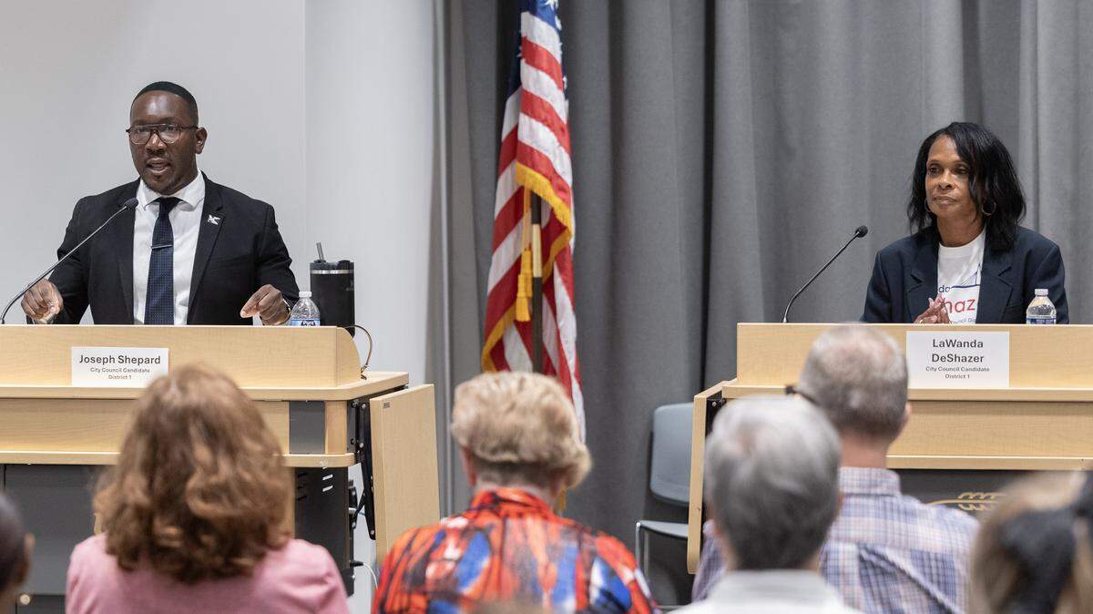 Joseph Shepard, left, and LaWanda DeShazer are running for the open District 1 seat on the Wichita City Council. The two took part in a candidate forum Tuesday hosted by the Wichita Journalism Collaborative.