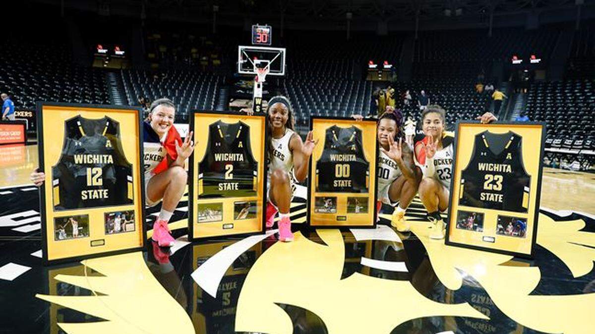 The four Wichita State players who celebrate senior day from left to right: Carla Bremaud, Mariah McCully, Asia Strong and Seraphine Bastian.