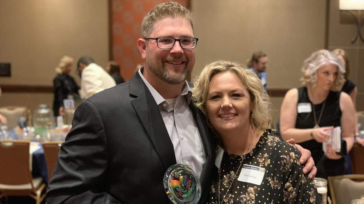 Intrust Bank Arena’s Ben George was named the Chef of the Year at Monday night’s Kansas Restaurant & Hospitality Association Awards. He’s pictured here with his wife, Kelli.