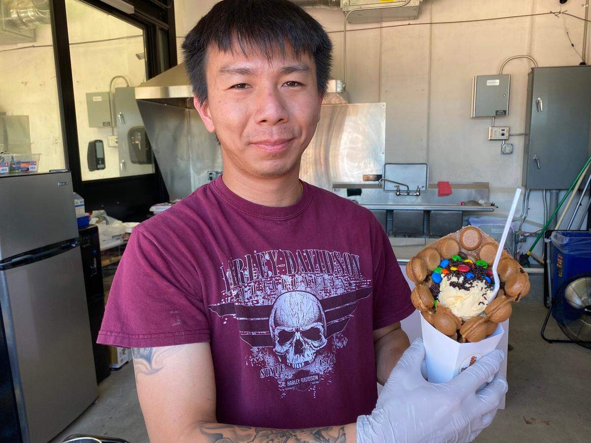 Fnu Erico just opened Sweet House in one of the kiosks at Union Station. His specialty is bubble waffles.