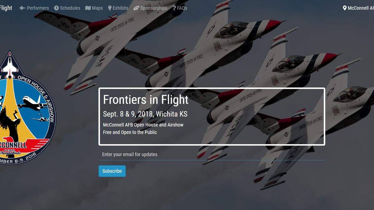 Screen shot of the home page of the website for Frontiers in Flight, the name of McConnell Air Force Base's air show set for Sept. 8-9.