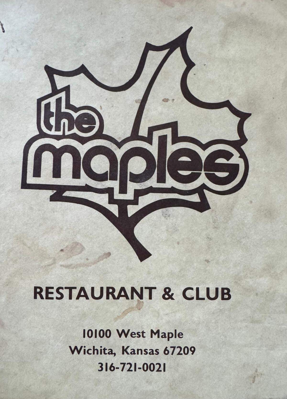 The cover of an old menu for The Maples, a restaurant that operated from 1979 until 1984 at Maple and Maize Road.