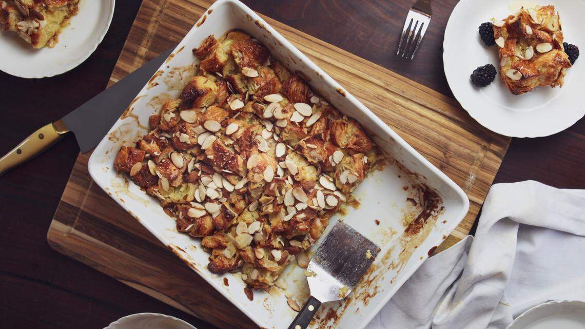 Croissant Almond French Toast Bake is the centerpiece for an easy brunch.